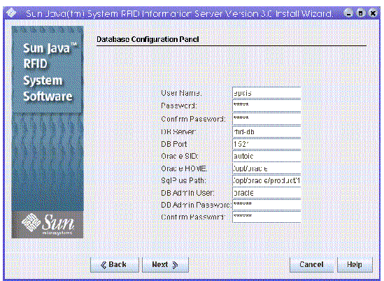Screen capture shows Database Configuration panel for deploying sample data using an Oracle database.