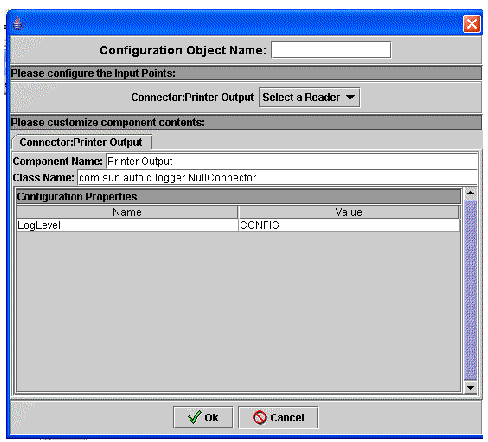 Screen capture showing the configuration object dialog box for defining a printer for integration with SAP AII software. The printer has not yet been selected.