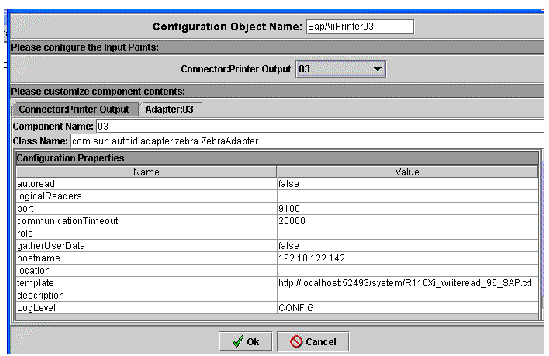 Screen capture showing the configuration object dialog box for defining a printer for integration with SAP AII software. After selecting a printer, the configuration properties appear.