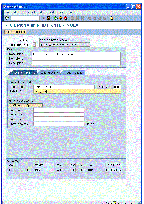 Screen capture showing a sample of the SAP AII Display and Maintain RFC Destinations screen. Example device is an Imola printer.