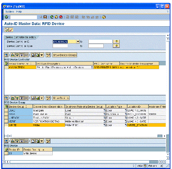 Screen capture showing the SAP Auto-ID Master Data: RFID Device configuration screen.