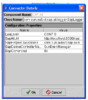 Screen capture showing the Connector Details dialog box for the connector for SAP AII. 