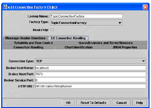 Screen capture showing fields for the new topic connection factory object.