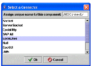 Screen capture showing the Select a Connector dialog with unique name of JMSConnector in the data field. Buttons are Ok and Cancel.