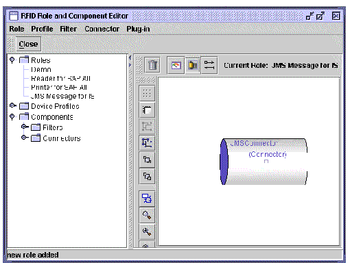 Screen capture showing the RFID Configuration Manager drawing pane with the added JMSConnector.