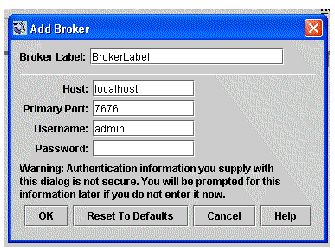 Screen capture showing Add Broker dialog box. Data fields are Host, Primary Port, Username, and Password. Buttons are OK, Reset to Defaults, Cancel, and Help.