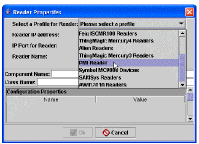 Screen capture of Reader Properties dialog showing expanded drop-down list for selecting a Profile.