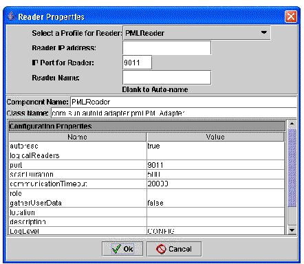 Screen capture of Reader Properties dialog box showing populated fields for the selected Profile. Buttons are Ok and Cancel