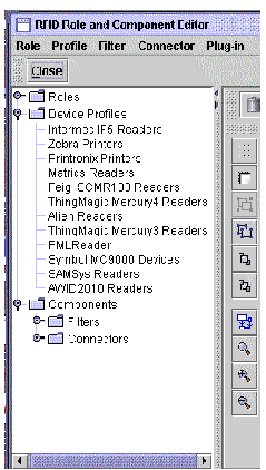 Screen capture showing the RFID Role and Component Editor with an expanded Device Profile node in the navigation tree.