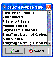 Screen capture showing the Select a Device Profile dialog box. The dialog lists the available device profiles. The buttons are Ok and Cancel.