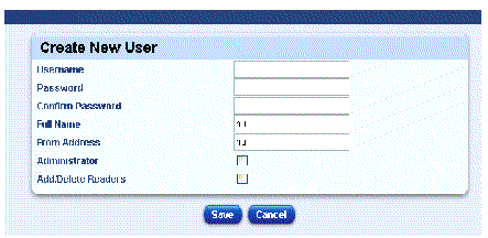 Screen capture showing Create New User dialog. Buttons are Save and Cancel.