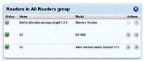 Screen capture showing RFID Management Console RFID Groups Menu option with one inactive reader and two active readers.