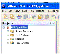Screen capture of NetBeans Projects window showing the new EPCTypeFilter project.