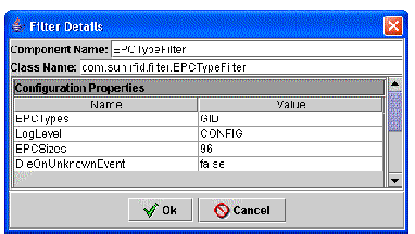 Screen capture showing filter details. Properties are EPCTypes, LogLevel, EPCSizes, and DieOnUnknownEvent. Buttons are Ok and Cancel.