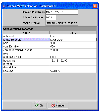 Screen capture showing the Edit Device configuration dialog box with a logicalReaders property.