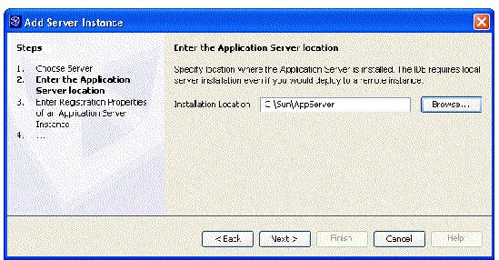Screen capture of Add Server Instance showing a Microsoft Windows installation path for Application Server Platform Edition. The enabled buttons are Back, Next, and Cancel.