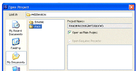 Screen capture showing Open Project dialog box with the static client selected.