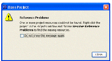 Screen Capture of Open Project informational dialog indicating a project resource problem. Button is Close.