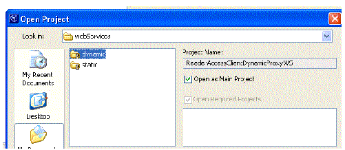 Screen capture showing Open Project dialog box with the dynamic client selected.