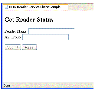 Screen capture showing the JSP in the web browser. Data fields are Reader Name and Jini Group. Buttons are Submit and Reset.