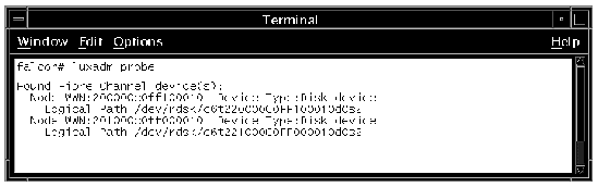 Screen capture showing worldwide name information displayed by the luxadm command.