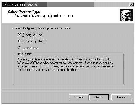 Screen capture showing the Create Partition Wizard window with Primary partition selected.