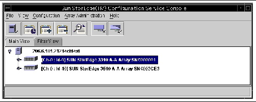 Screen capture of Sun StorEdge Configuration Service showing the Main View directory.