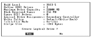 Screen capture shows the Create Logical Drive confirmation window displayed with "Yes" selected.