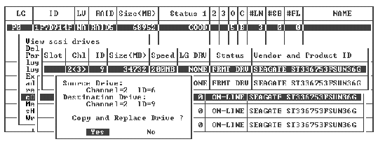 Screen capture showing the member drive (the source drive) to be replaced and the destination drive (the replacing drive).