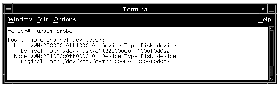 Screen capture shows the luxadm probe command used to display Fibre Channel device WWNs.