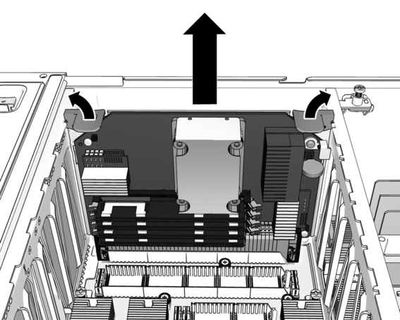 Removing a CPU module from a CPU module bay by rotating both plastic levers and lifting the CPU module clear of the chassis slots.