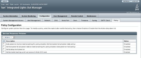 Screen shot of the ILOM browser interface, showing the Policy Configuration screen.