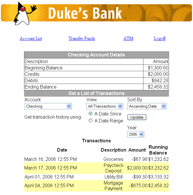 Screenshot showing a page from the web client that displays
the account history.