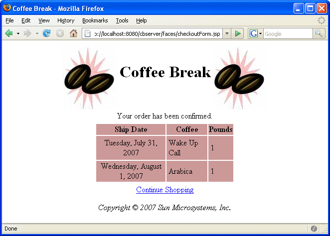 Screen shot of Order Confirmation page