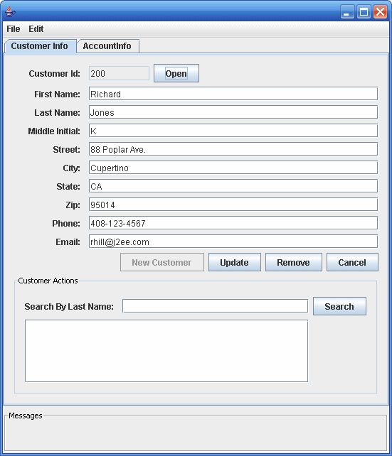 Screenshot of the Duke's Bank application client for
the application admin.