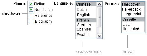 Screen capture of check box set, drop-down menu, and
list box.