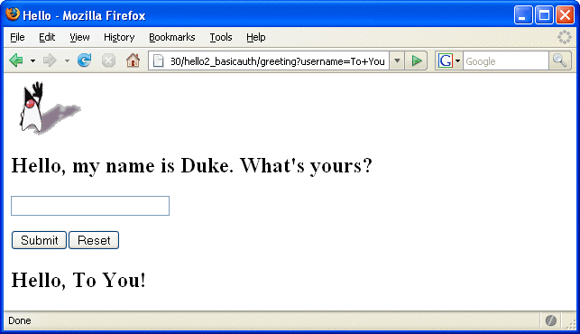 Screen shot of running basic authentication example showing
response