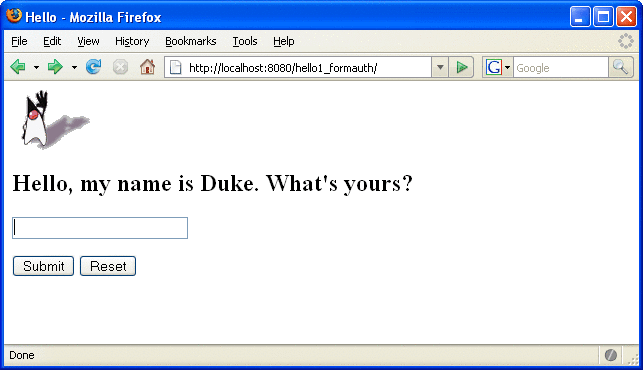 Screen shot of running form-based web application with
text field for user to type name
