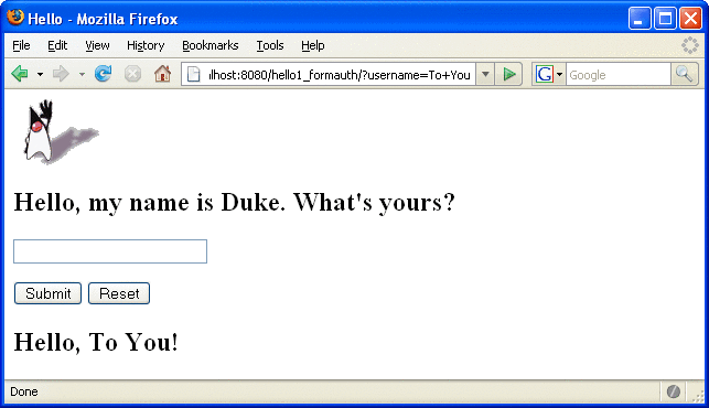 Screen shot of running form-based web application showing
response