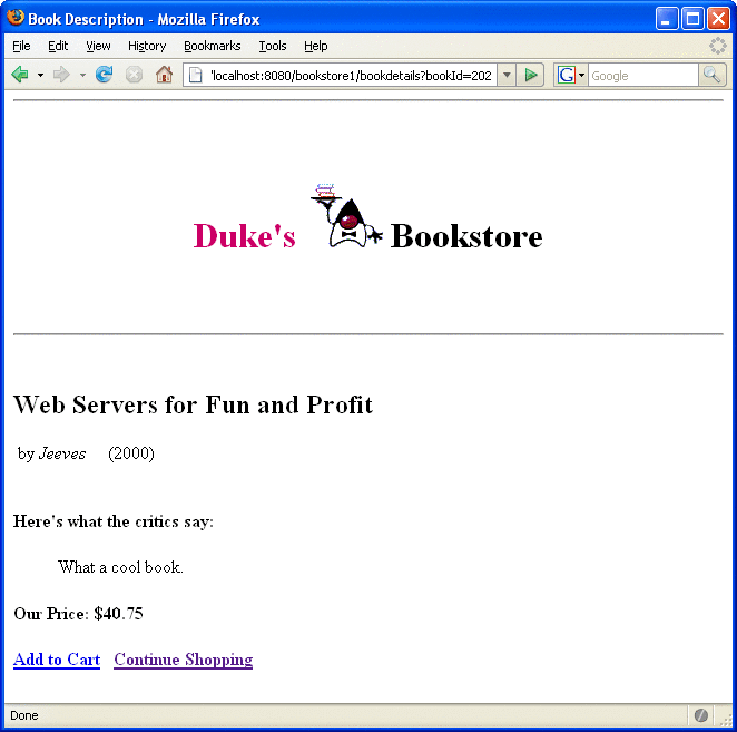 Screen capture of book details. Shows "Web Servers for
Fun and Profit" author, review, and price, with links "Add to Cart" and "Continue
Shopping."