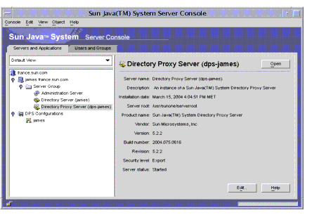 Sun ONE Console showing all servers and applications available inculding Directory Proxy Server.