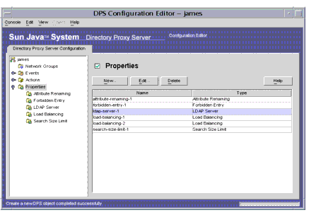 Directory Proxy Server  Configuration Editor  Properties window showing existing property objects.