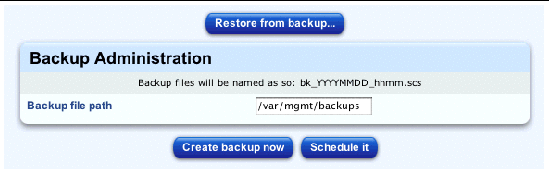 This screenshot shows the Backup Administration table; the buttons are Restore From Backup, Create Backup Now and Schedule It.