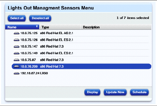 This screenshot shows the Sensors/SEL sub-menu; the buttons are Display, Update Now and Schedule.
