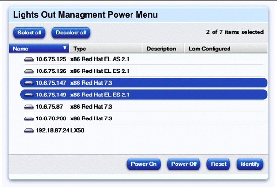 This screenshot shows the Power sub-menu; the buttons are Power On, Power Off, Reset and Identify.