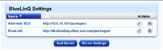 This screenshot shows a sample of the BlueLinQ Settings table; the buttons are Add Server and Server Settings. 