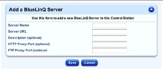 This screenshot shows the table for adding a new BlueLinQ server; the buttons are Save and Cancel. 