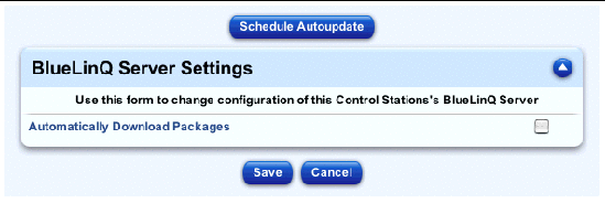 This screenshot shows the BlueLinQ Server Settings table; the buttons are Schedule AutoUpdate, Save and Cancel. 