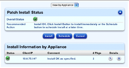 This screenshot shows a sample of the dependency-checking tables with green status, viewed by host; the buttons are Install, Schedule and Cancel. 