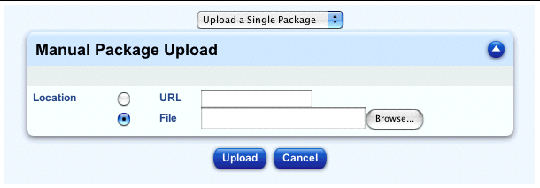 This screenshot shows the table for uploading a single package file; the buttons are Upload and Cancel.